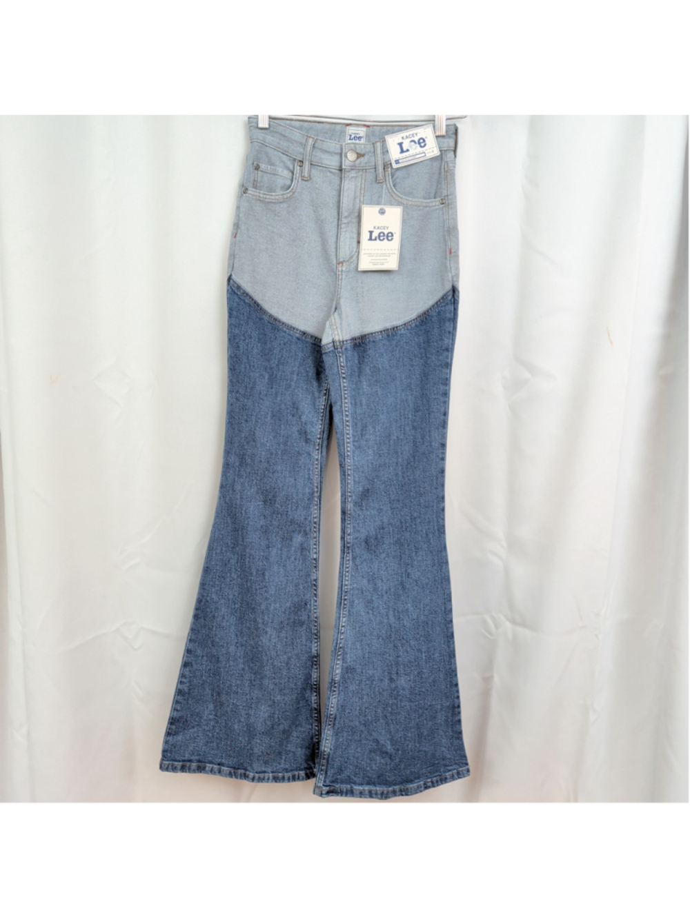New Kacey Lee Denim Two Tone Flared High Rise Jeans 0